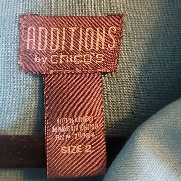 Additions by Chico's-Linen turq. colored collared long sleeved jkt. Size 2=Large - Picture 5 of 11